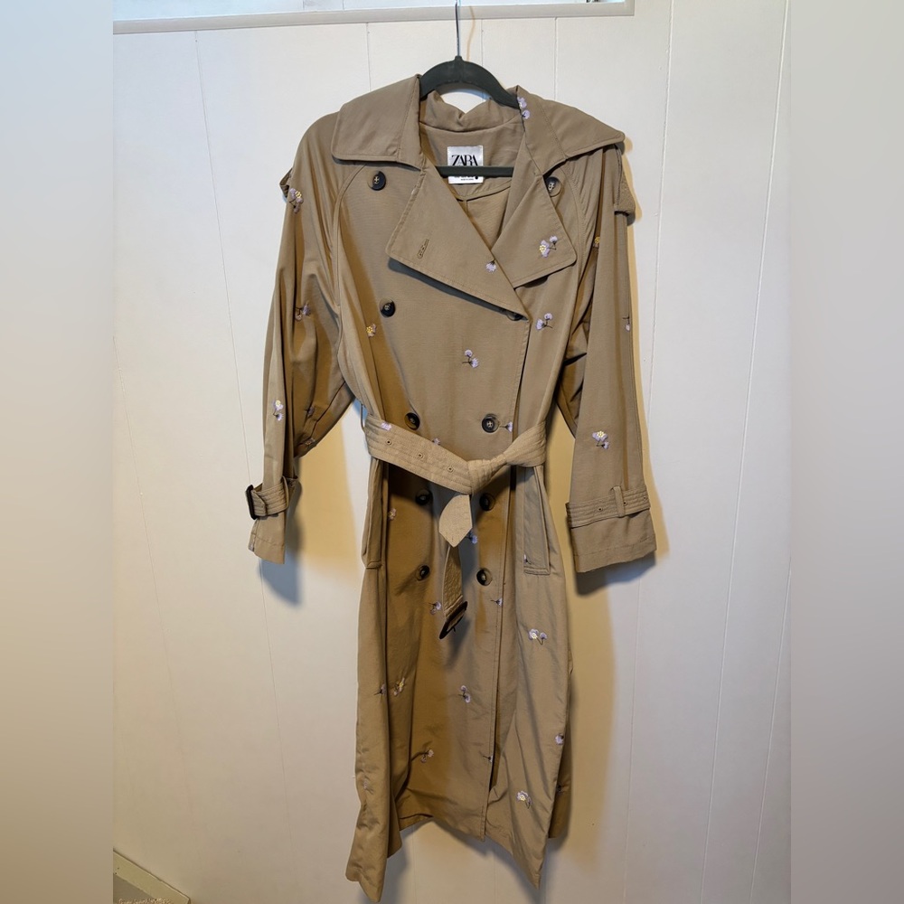 Zara Beige Trench Coat with Embroidered Floral Design - NWOT